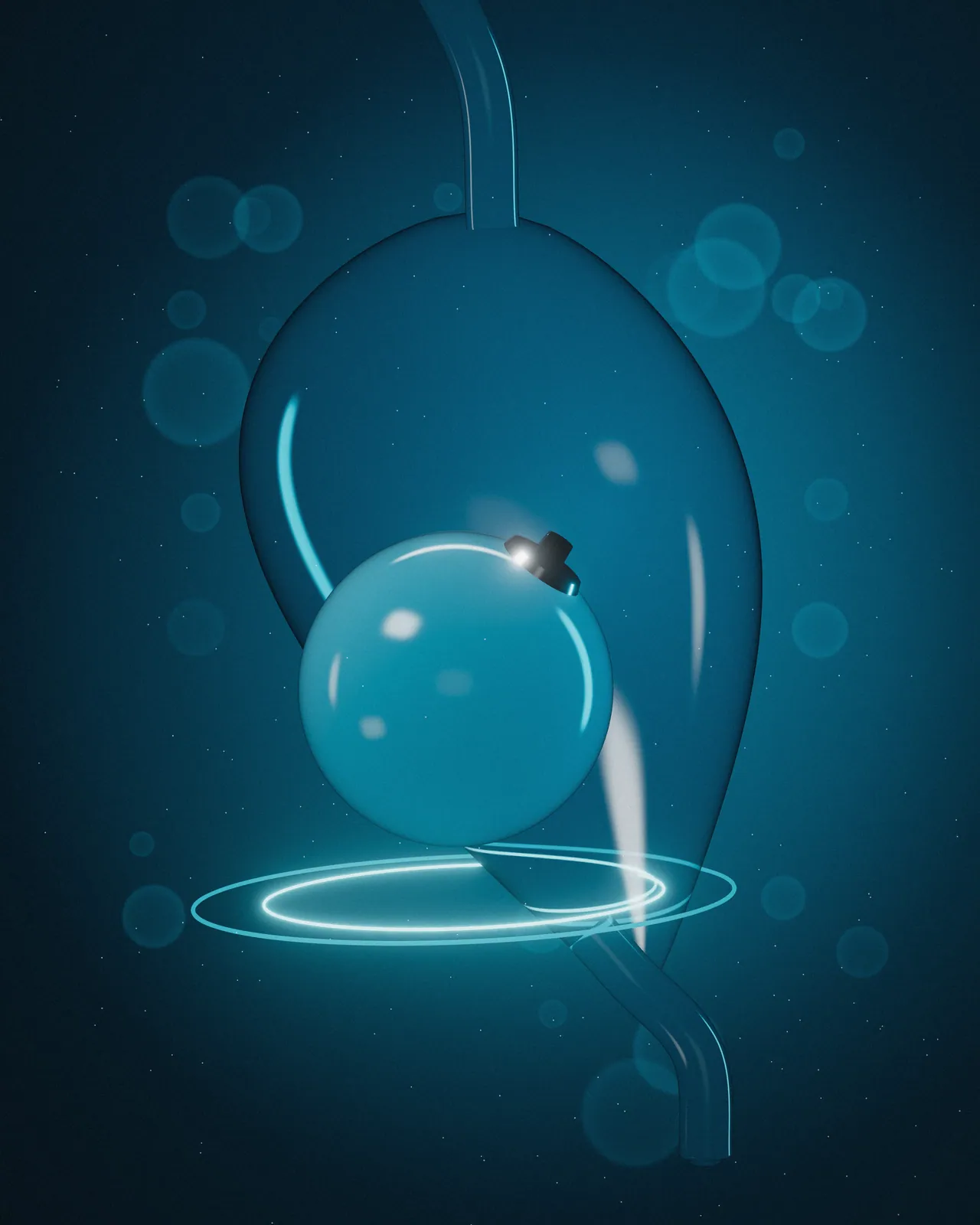 Balón turquesa brillante dentro de una representación translúcida del estómago.