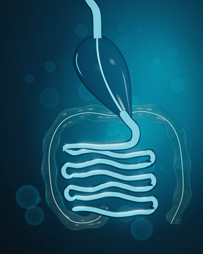 Representación 3D en vidrio translúcido del aparato digestivo: esófago, estómago e intestinos recorridos por un hilo de luz turquesa.